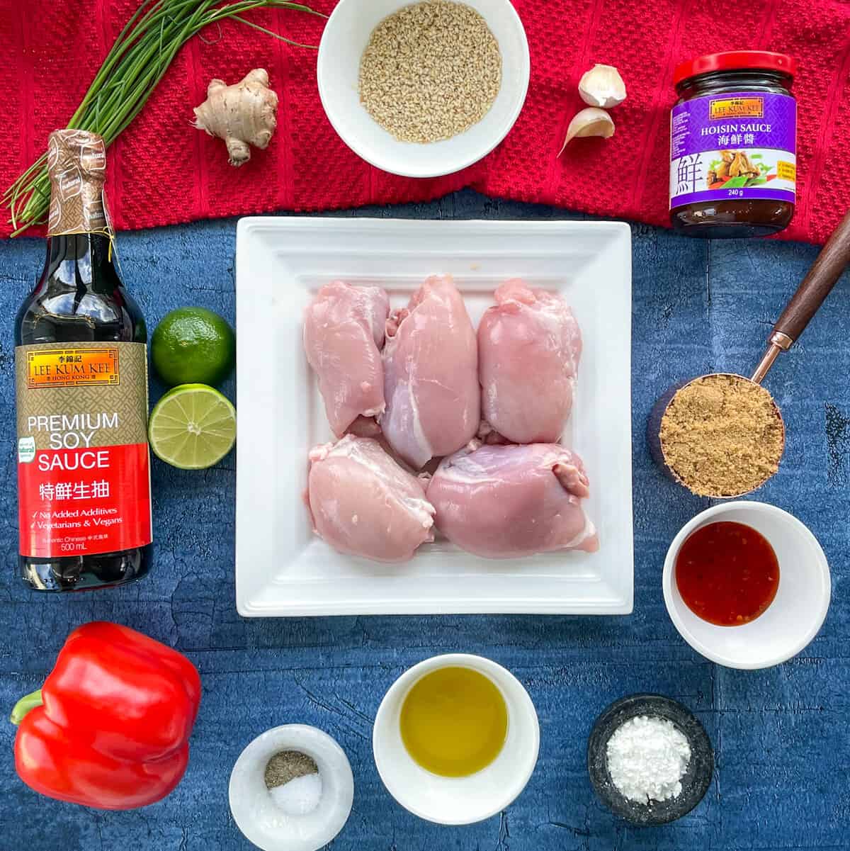 Ingredients used to make sticky asian chicken thighs recipe, see the recipe card for details
