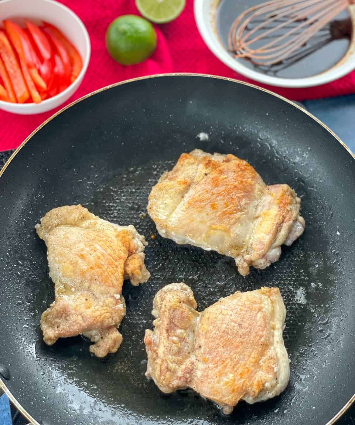 Pan fry the chicken for the sticky asian stir fry