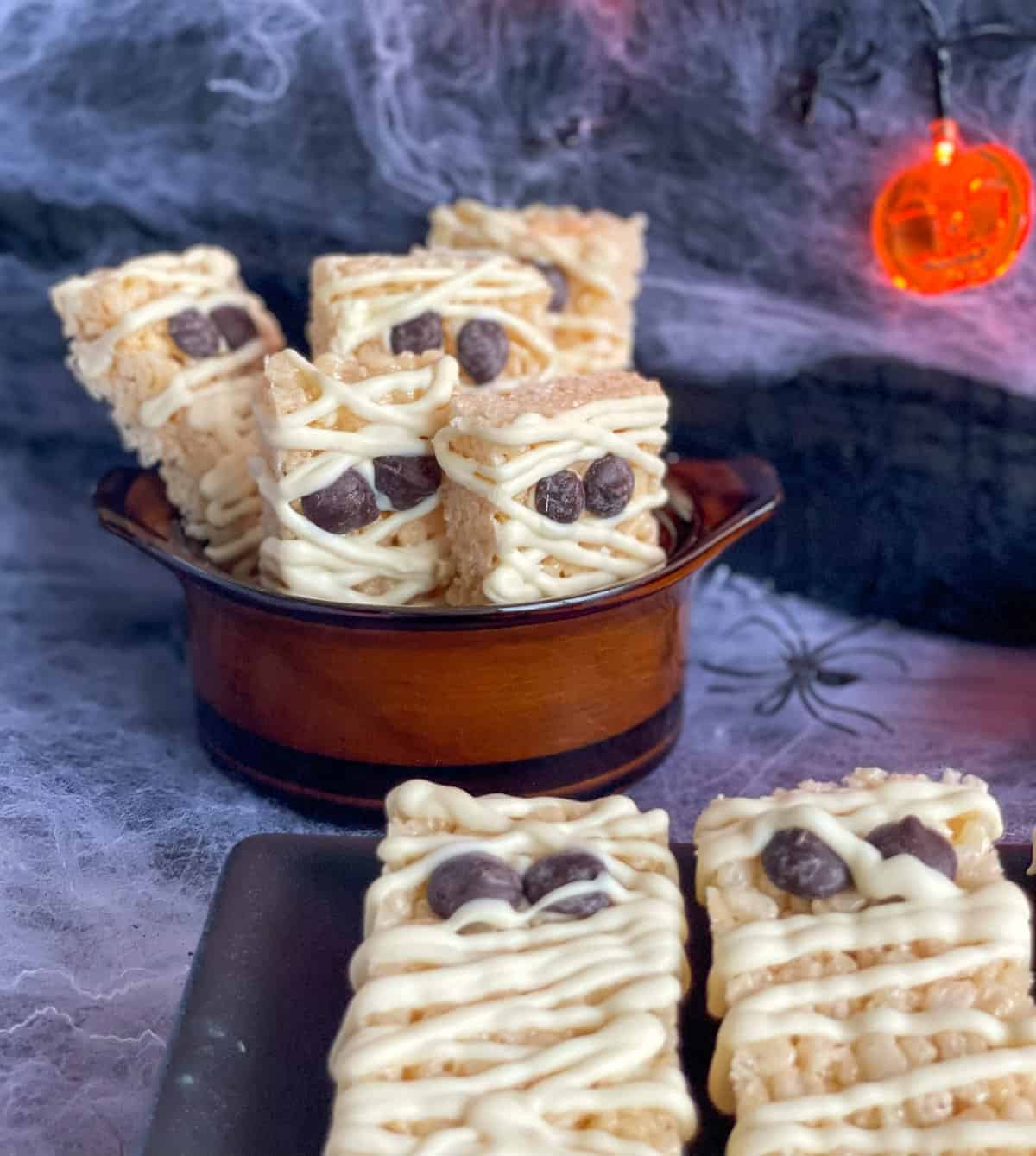 A bowl of halloween rice krispie Mummys 