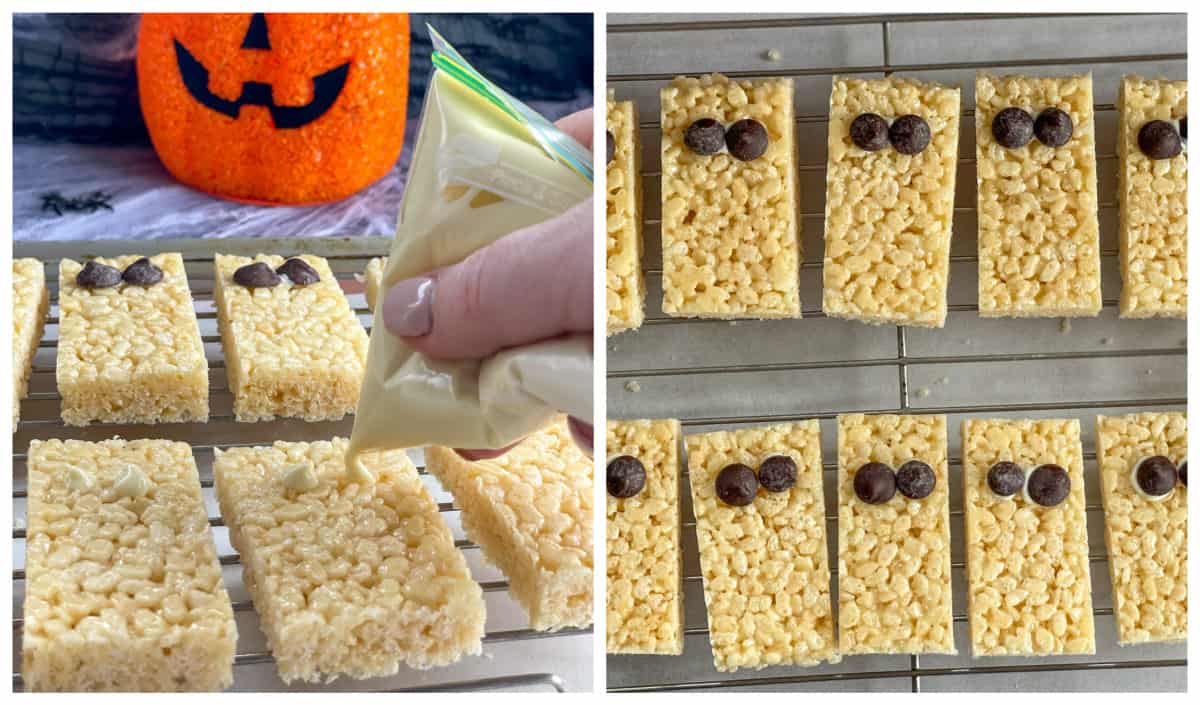 How to decorate rice krispie mummys using white chocolate drizzled 