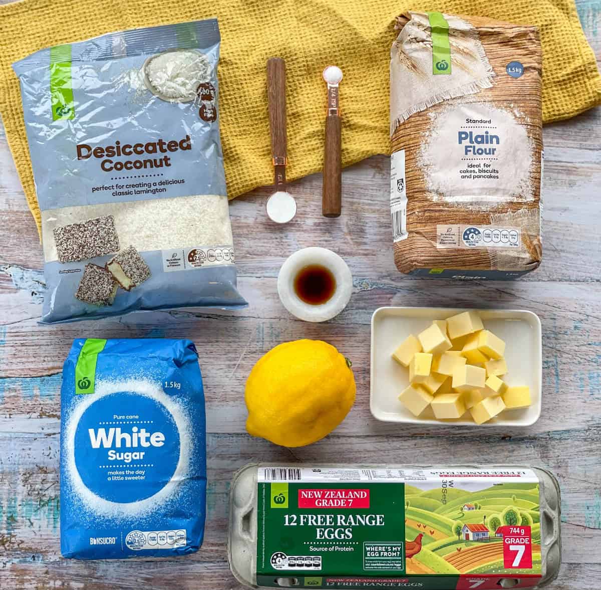 Ingredients used for a lemon coconut biscuit, see the recipe card for full details 