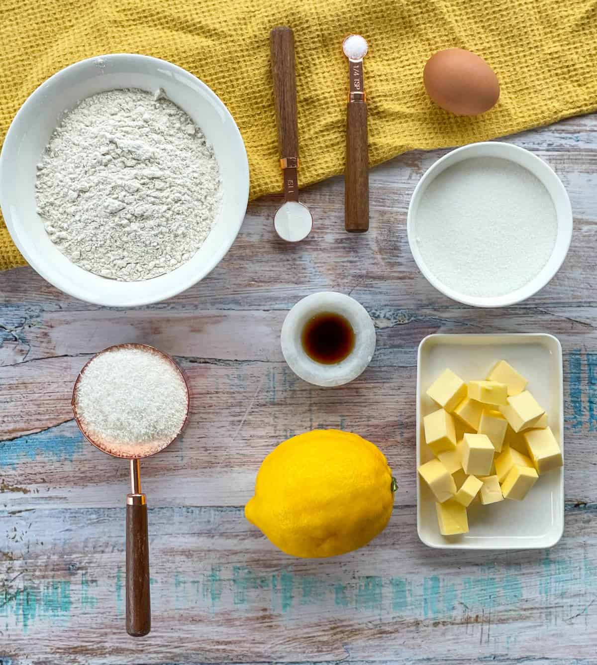 Ingredients used for a lemon coconut biscuit, see the recipe card for full details 