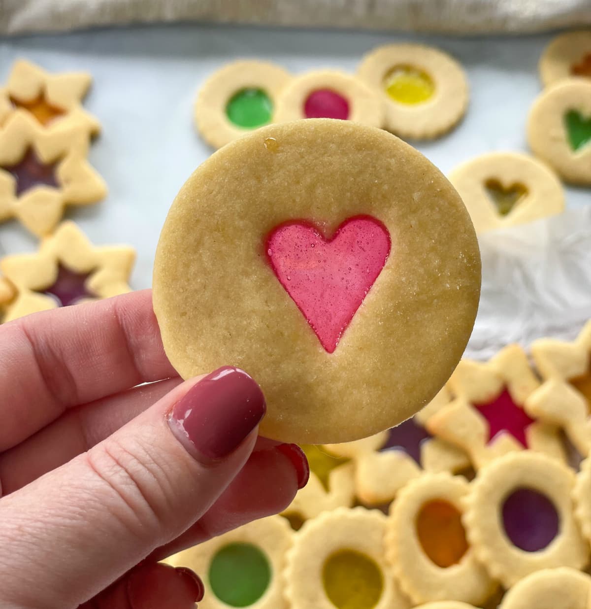 Sugar cookie with a heart centre of boiled candy 