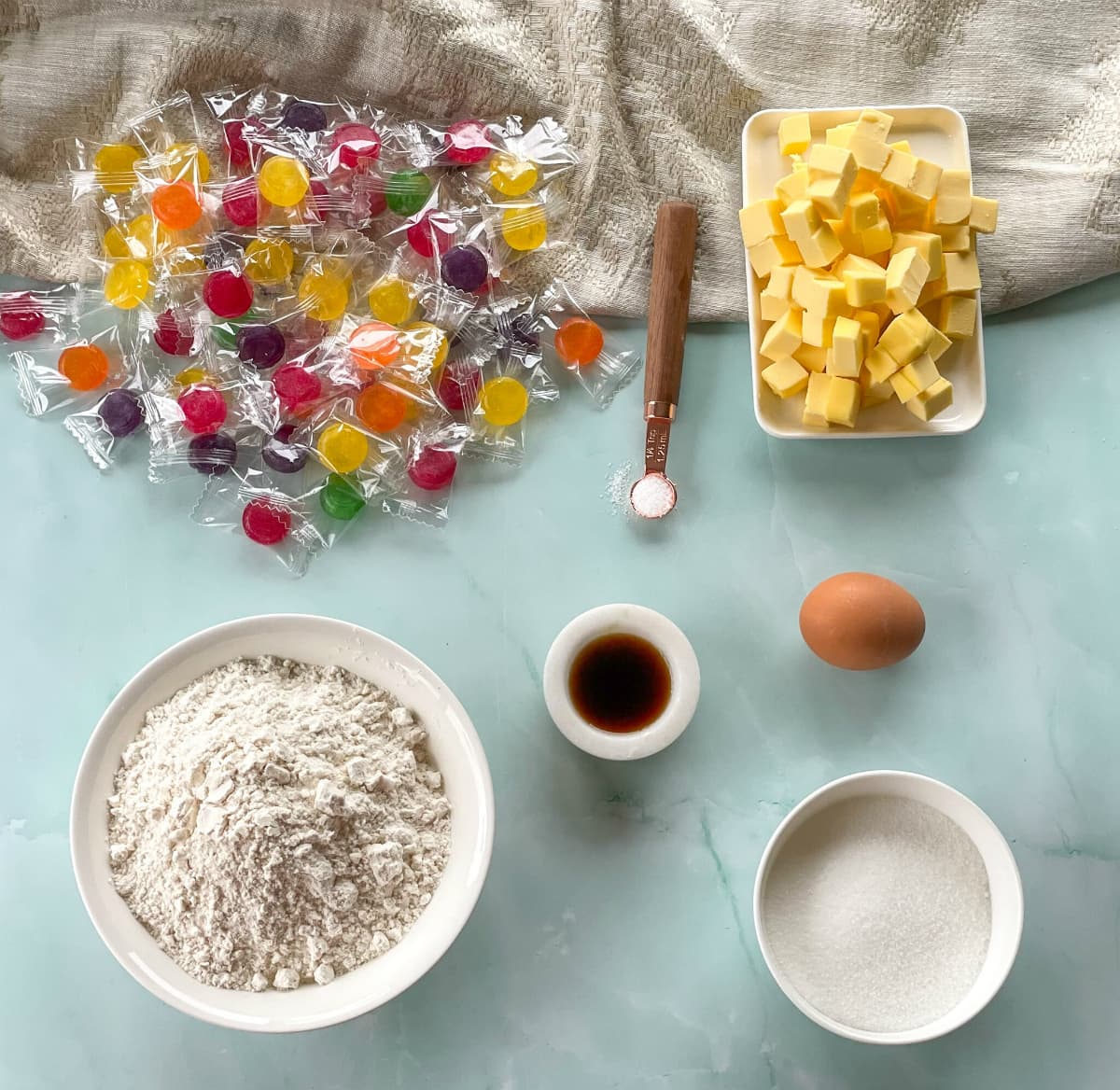 Ingredients used for sugar cookies with stained glass window cookies 