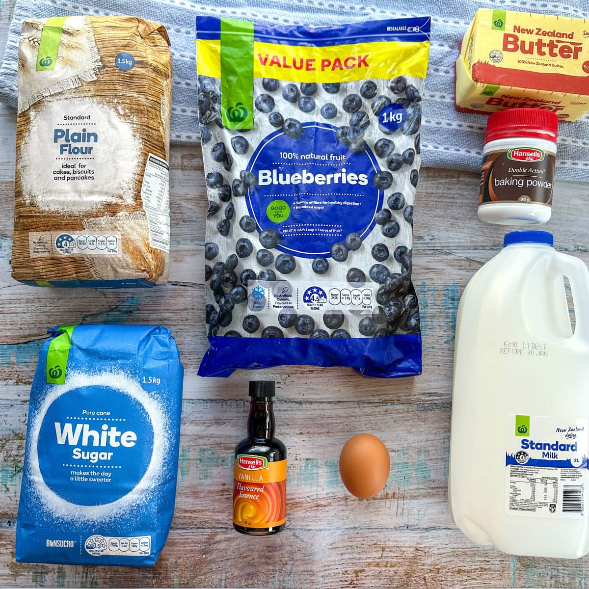 Ingredients used to make blueberry muffins, see recipe card for full details 