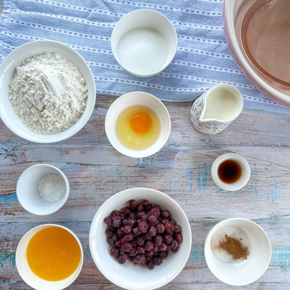 Ingredients needed for blueberry muffins, see recipe card for details. 