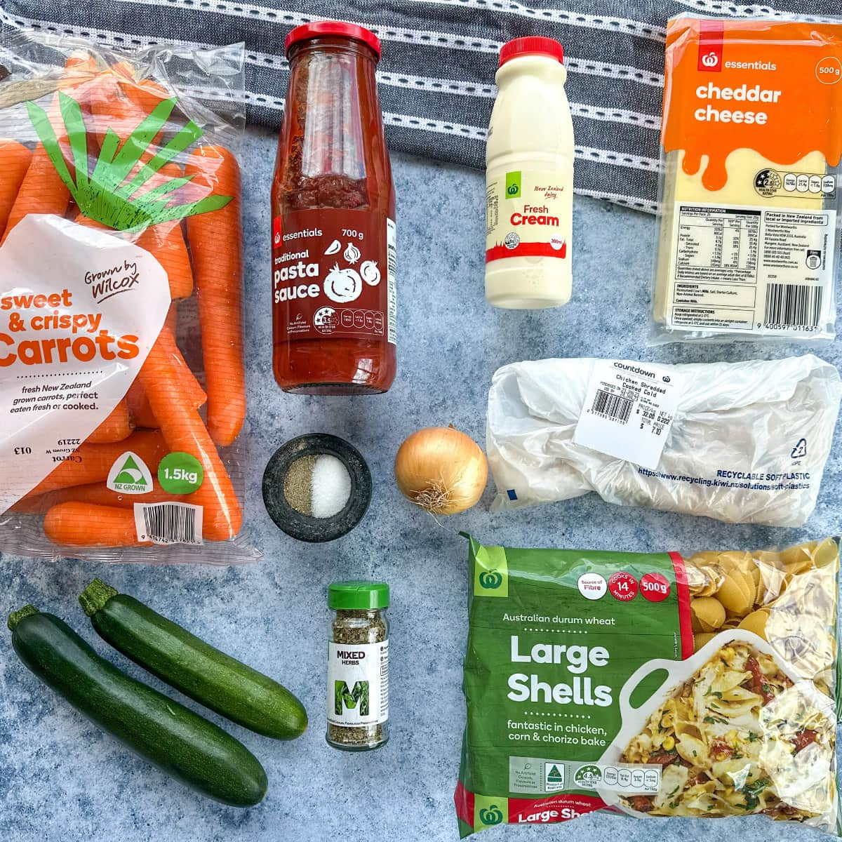 Ingredients used in creamy tomato pasta bake with hidden veges and chicken - see recipe card 