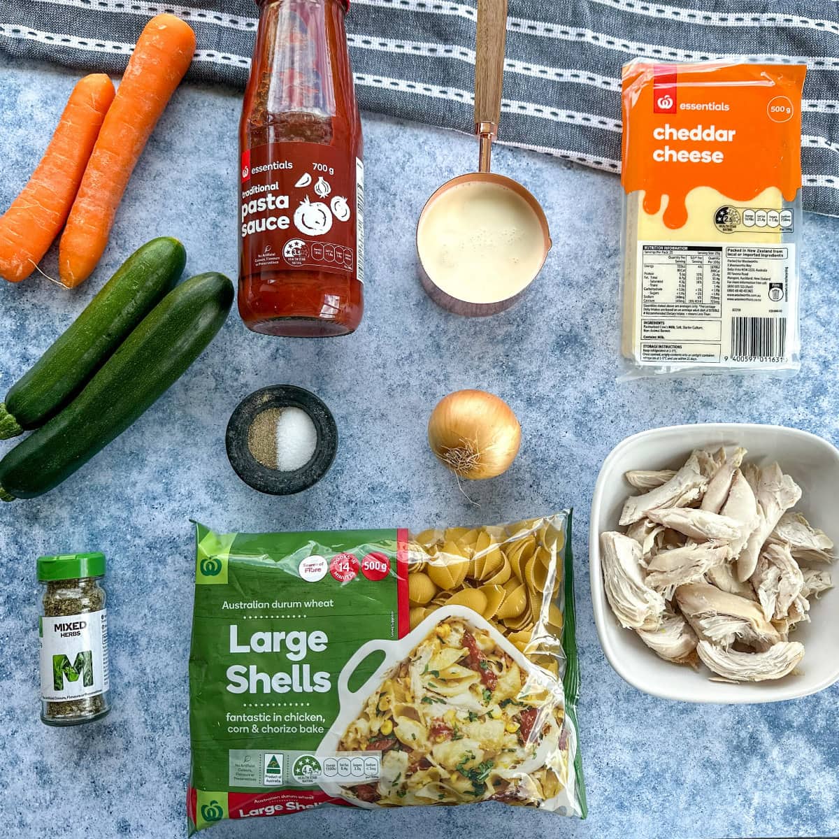 Ingredients used in creamy tomato pasta bake with hidden veges and chicken - see recipe card 