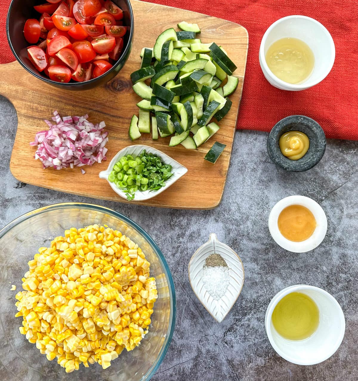 Prepared ingredients for Sweetcorn Salad, see recipe card for full details 