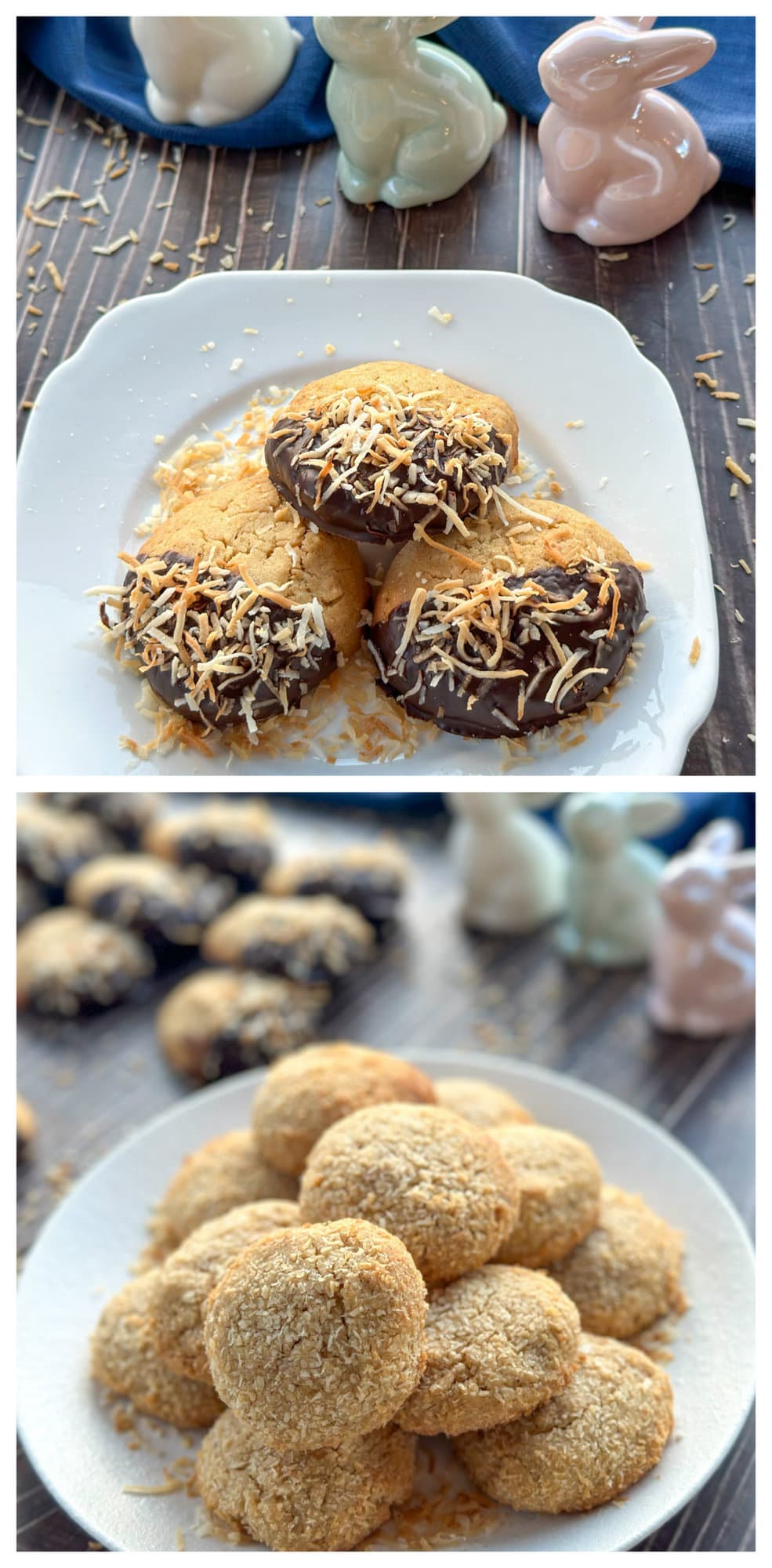 Plates with brown butter coconut cookies, one dipped in chocolate, the other rolled in coconut