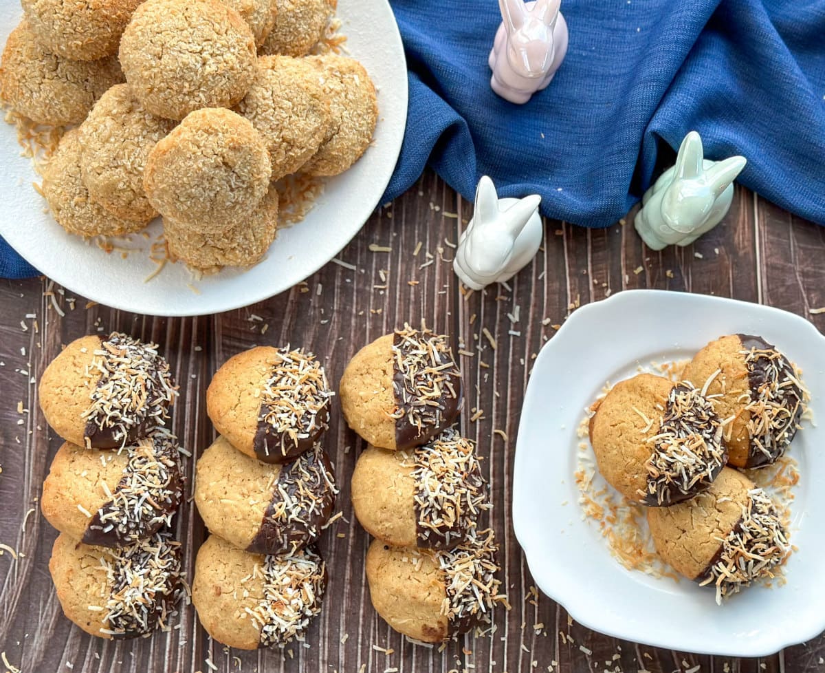 Toasted Coconut Cookies dipped in chocolate and rolled in coconut