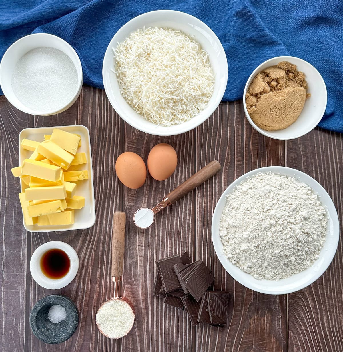 Ingredients required for Brown Butter Coconut Cookies - see recipe card for details