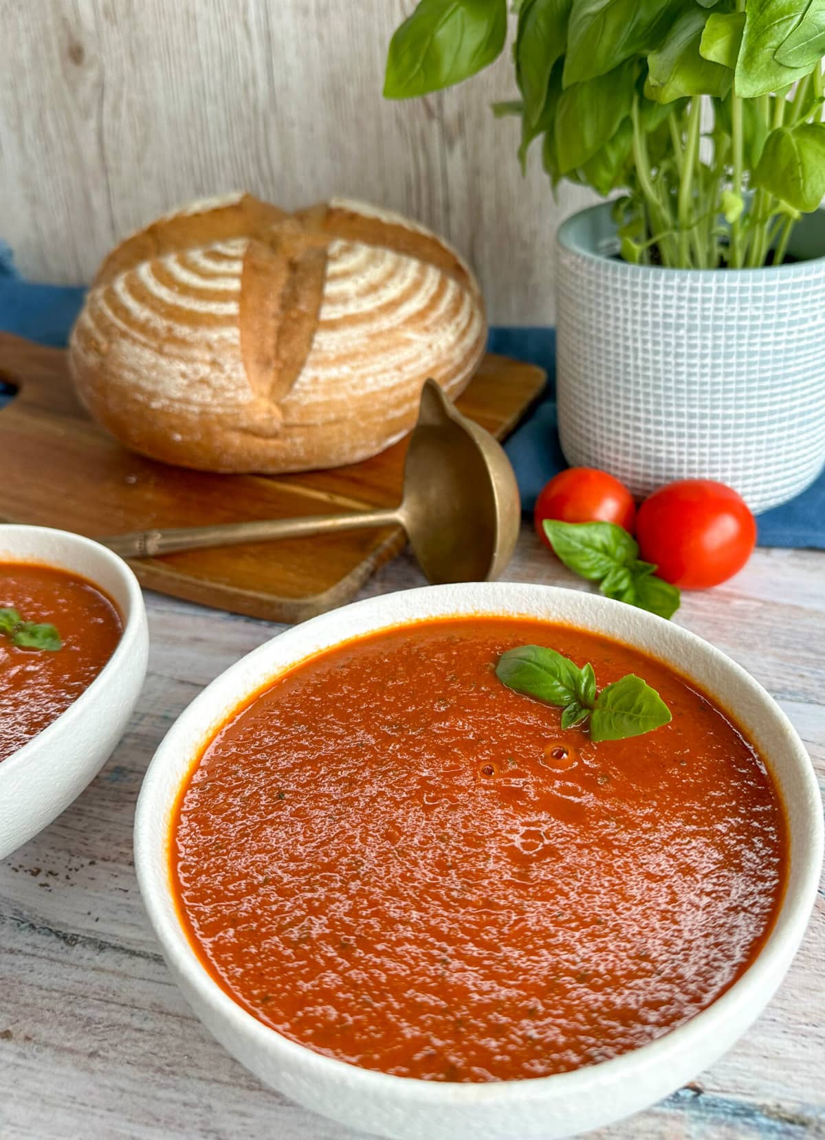 White bowl full of slow cooker roasted tomato soup with a basil plant in the background and a loaf of crusty white bread