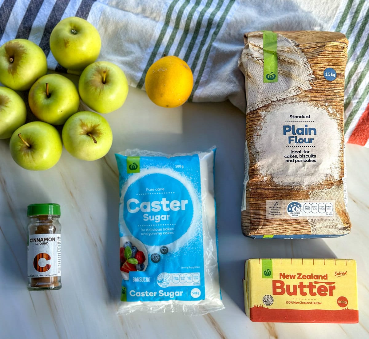Ingredients required to make an apple crumble, see the recipe card for full details