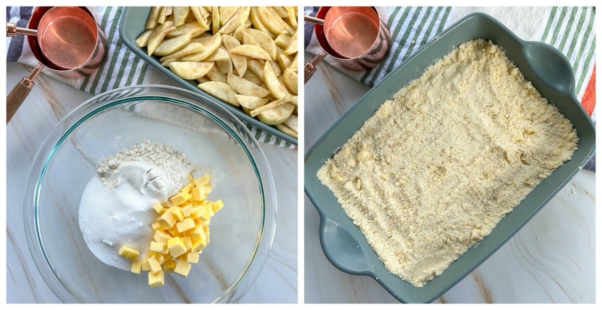 Crumble topping ingredients in a glass bowl, flour, sugar and butter, with the apple filling in a green dish behind it. 