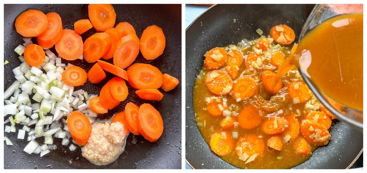 Showing steps how to make curried sausages using a stock curry based sauce