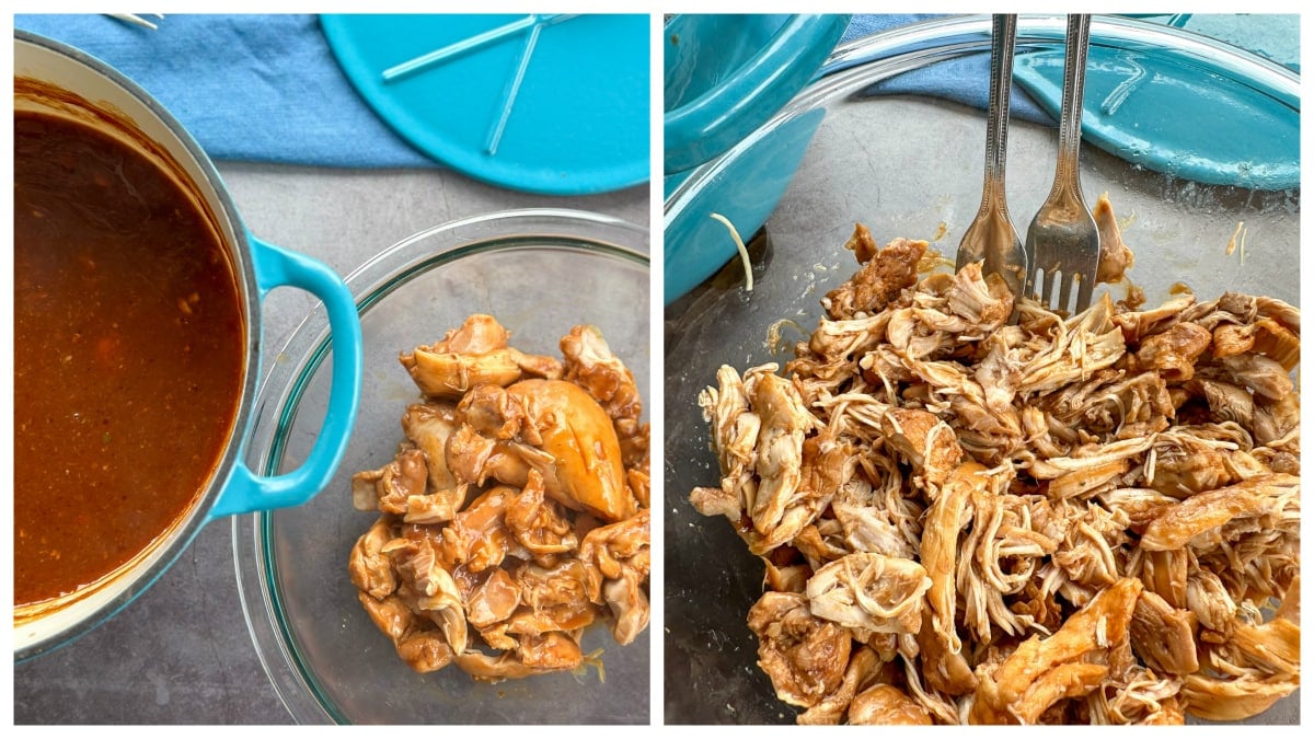 Showing how to shred chicken from bbq pulled chicken, using two forks in a bowl before adding back into the sauce 