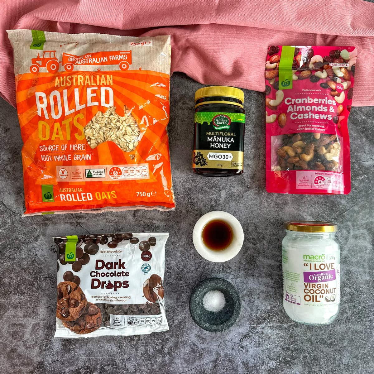 Flatlay showing the ingredients used to make homemade toasted muesli. 