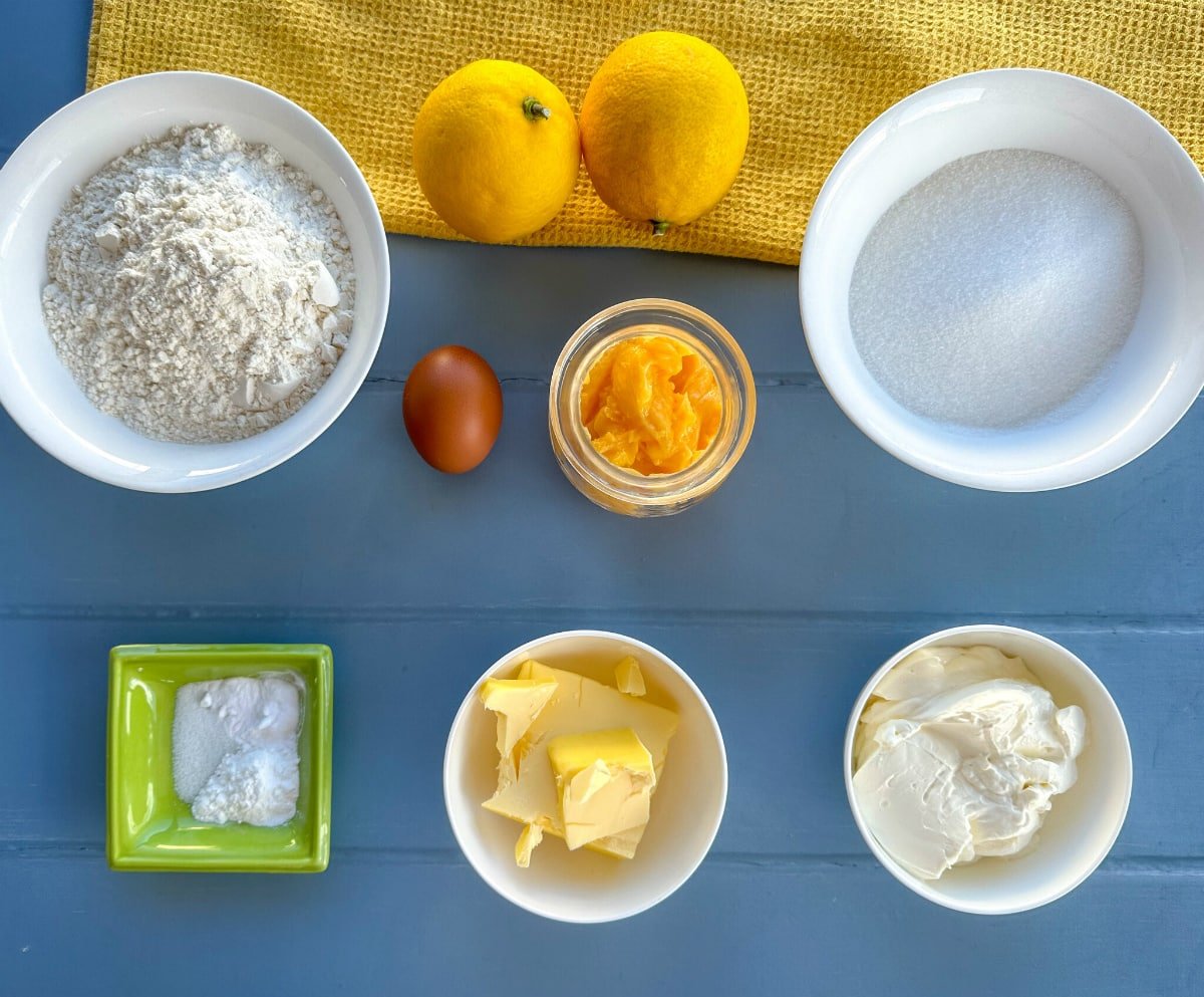 Ingredients required for lemon curd muffins, see the recipe card for full details 