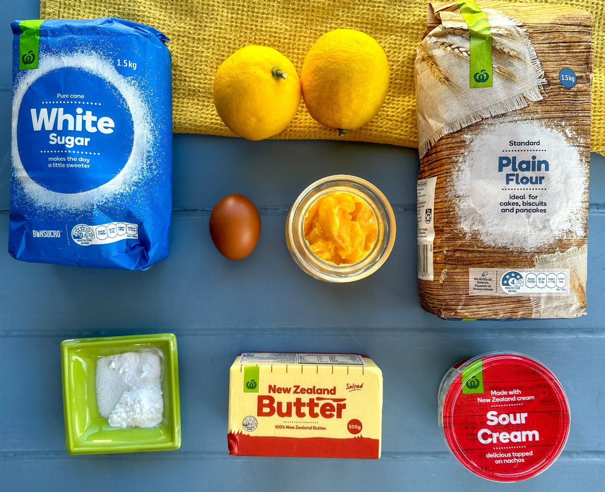 Ingredients required for lemon curd muffins, see the recipe card for full details 