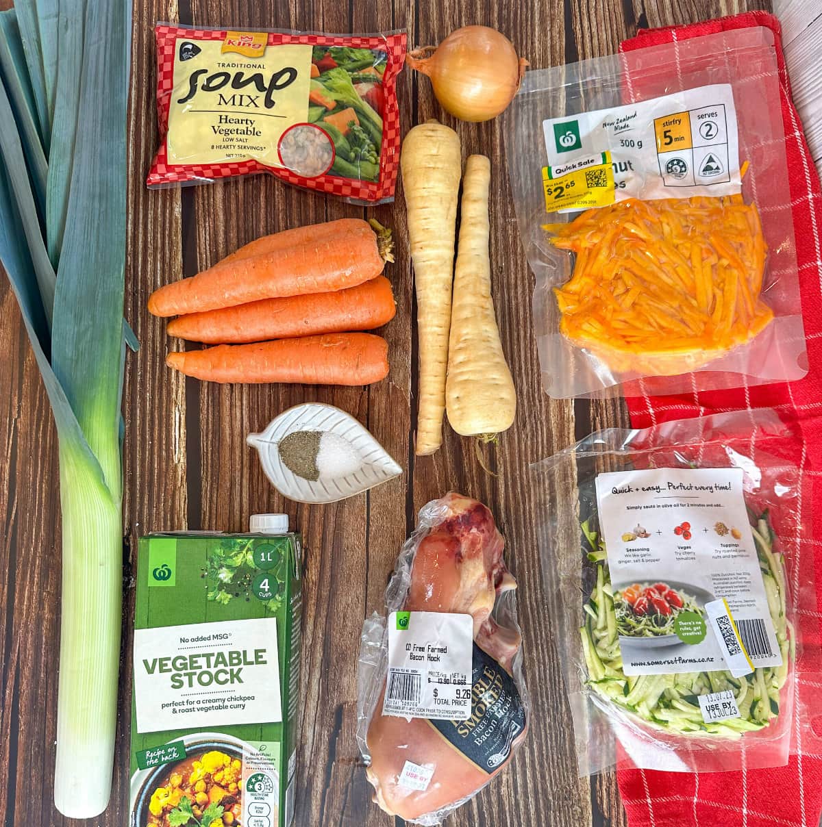 Ingredients used to make winter vegetable and bacon hock soup, see recipe card for full details