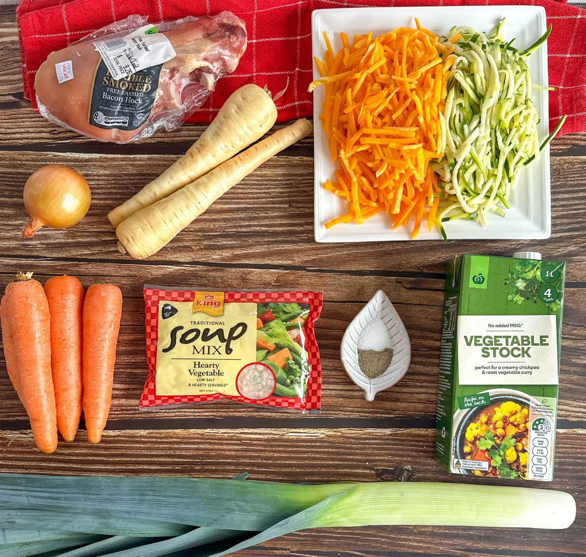 Ingredients used to make winter vegetable and bacon hock soup, see recipe card for full details