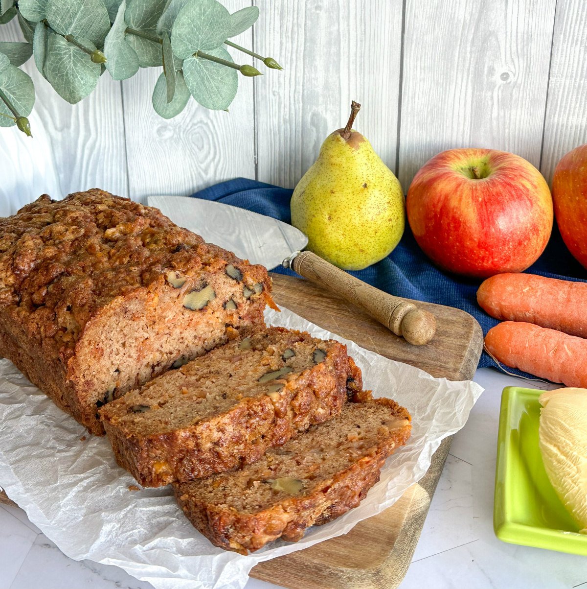 Apple, Pear, Carrot Loaf with walnuts sliced