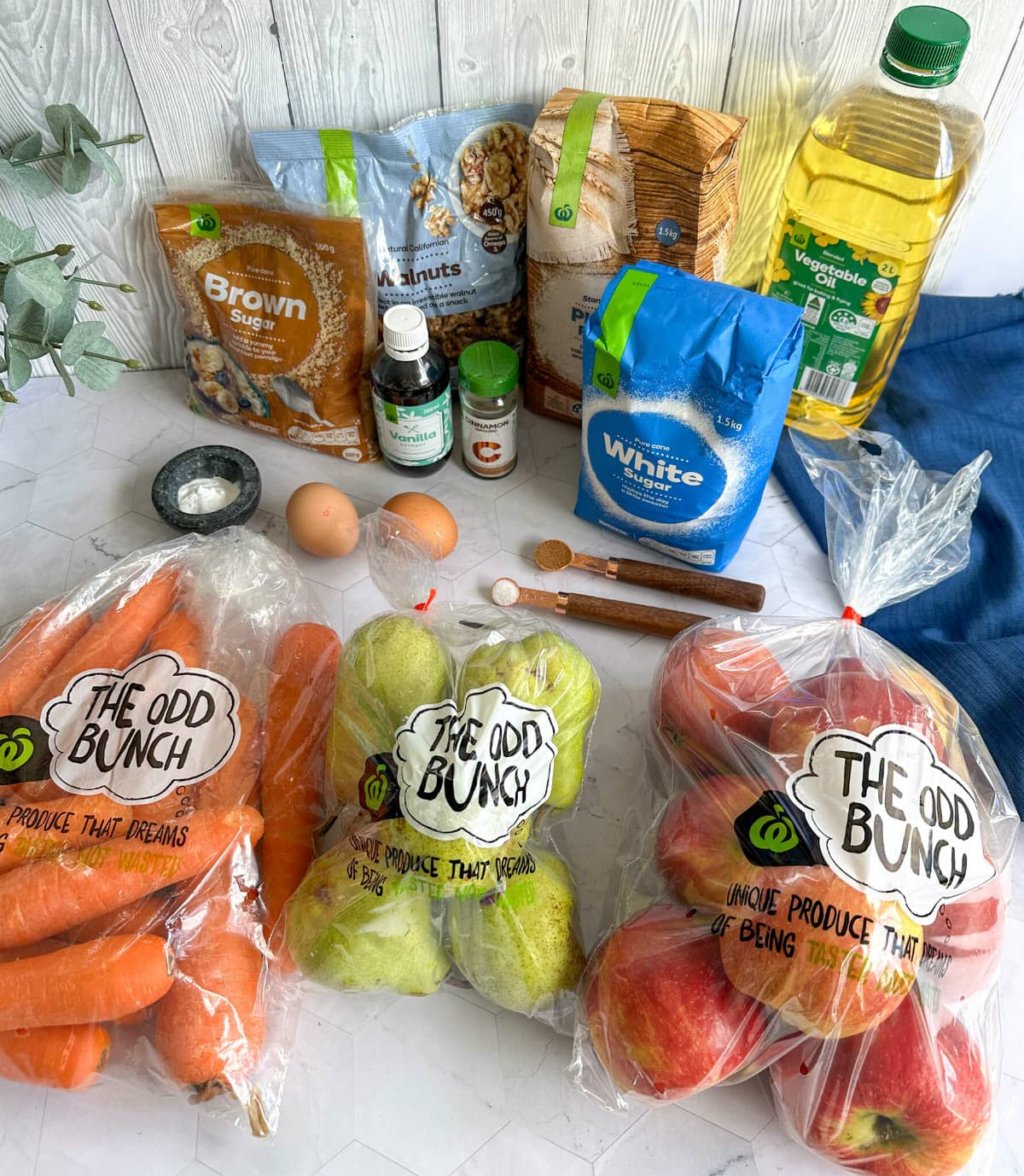 Ingredients required to make apple, pear and carrot loaf, using Countdown Odd Bunch fruit and vegetables 