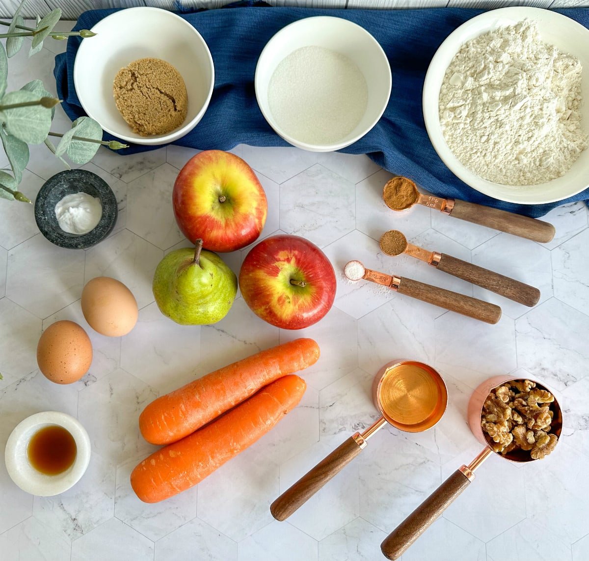 Ingredients used to make Apple Pear and Carrot Loaf, see recipe card for details