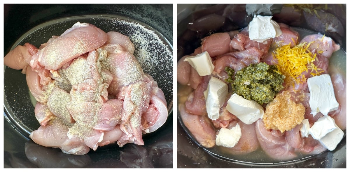 Raw chicken in the slow cooker with seasoning and raw chicken with pesto, garlic, cream cheese, lemon zest, lemon juice and chicken stock