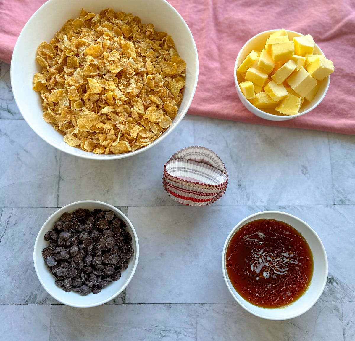 Ingredients used to make Chocolate Cornflake Crunchies, see recipe card for full details 