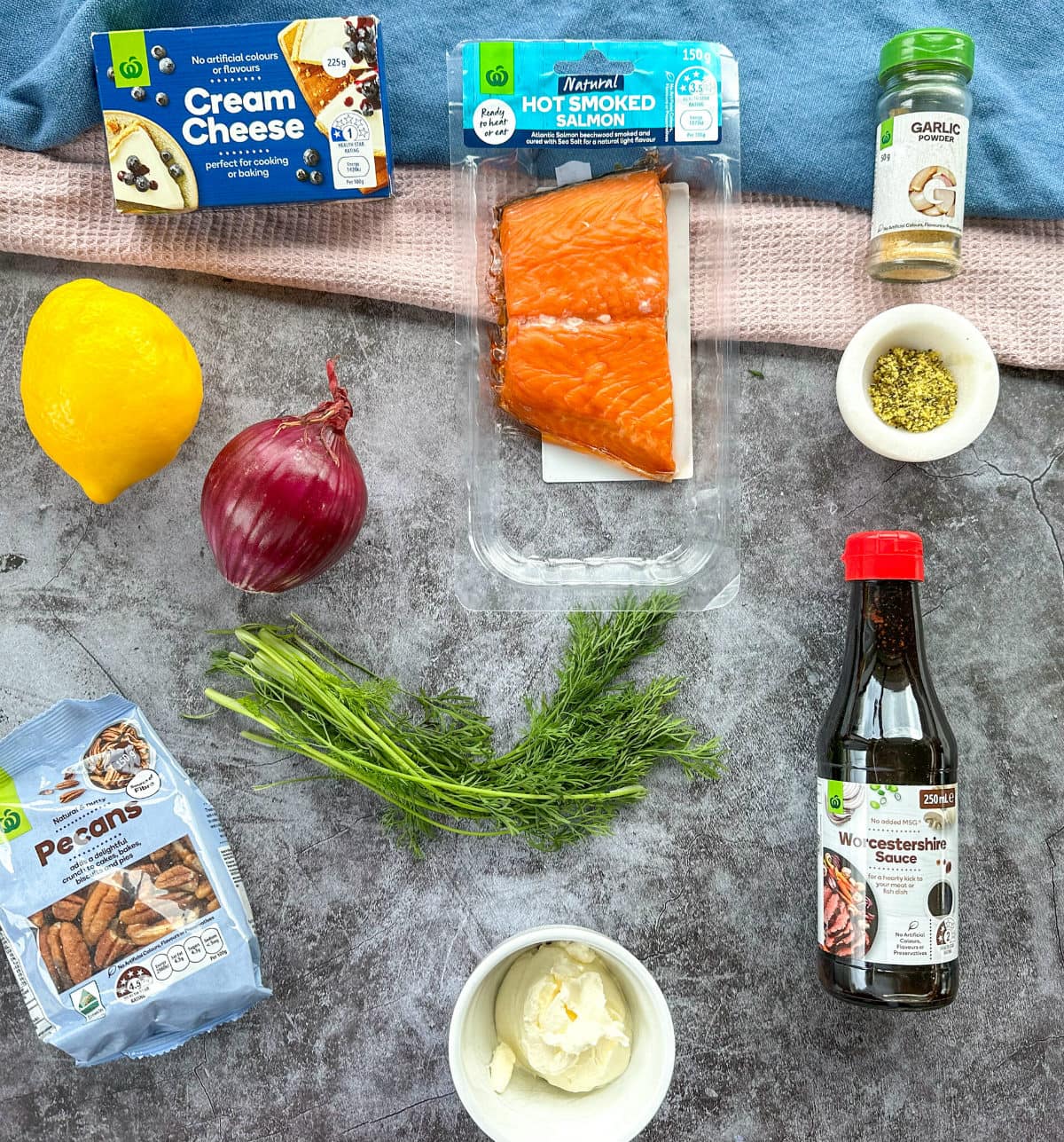 Ingredients for a Smoked Salmon Cheeseball, see recipe card for full details 