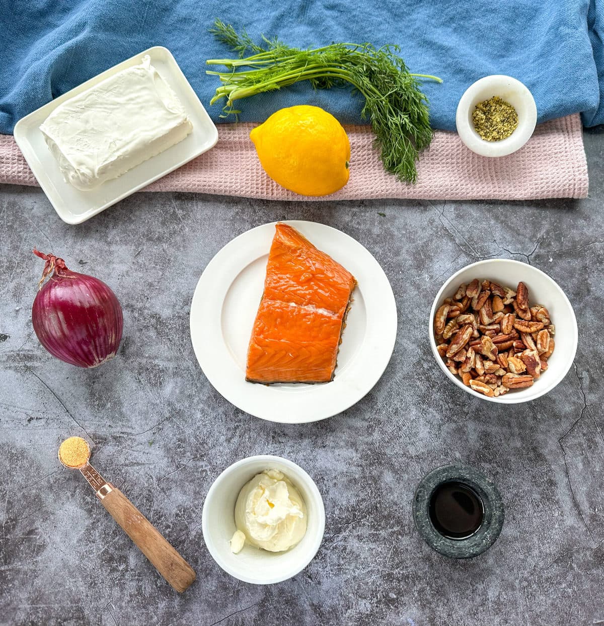 Ingredients for a Smoked Salmon Cheeseball, see recipe card for full details 