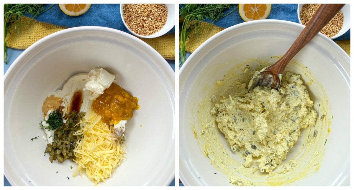 how to make a dill pickle cheeseball, mixing the ingredients all together in a large white bowl