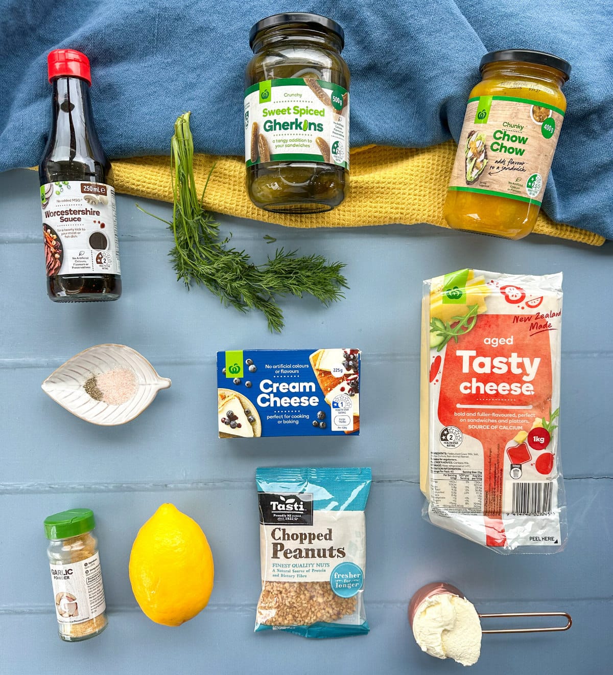 Ingredients used to make a dill pickle cheese ball - see recipe card for full details 