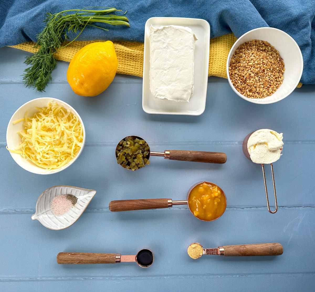 Ingredients used to make a dill pickle cheese ball - see recipe card for full details 