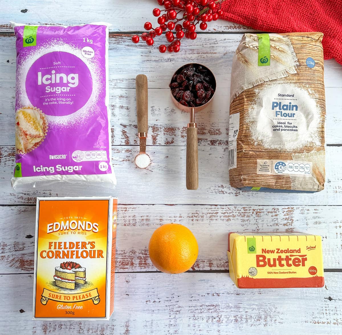 Ingredients for making cranberry and orange shortbread 