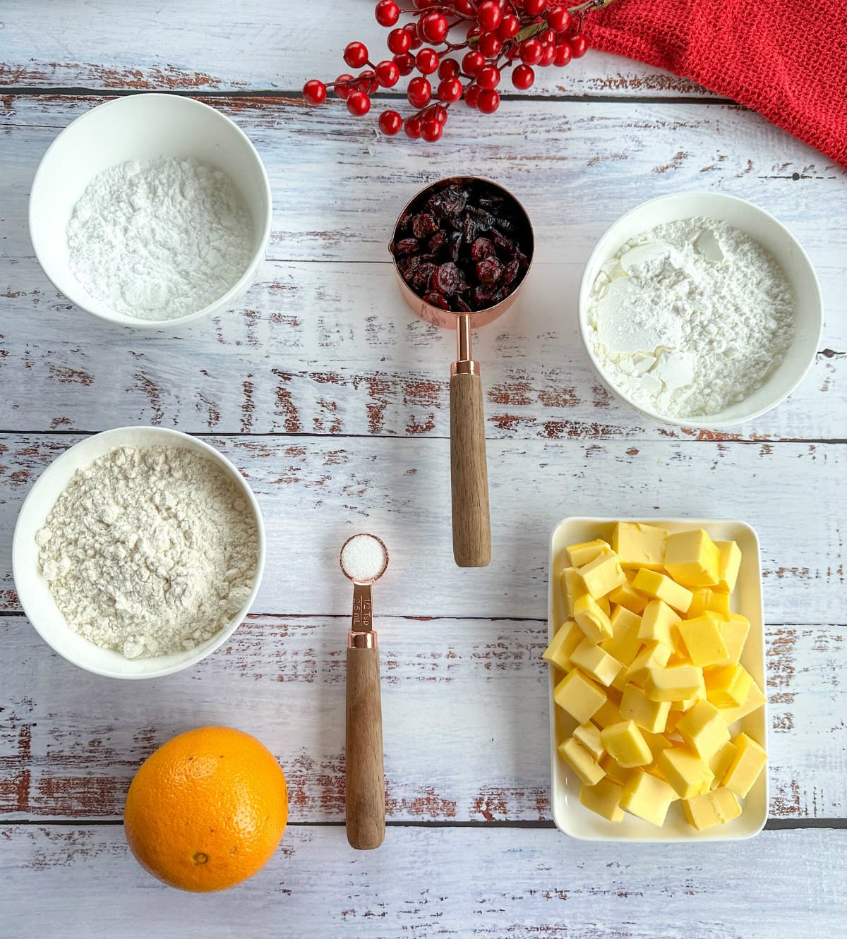 Ingredients for making orange and cranberry shortbread