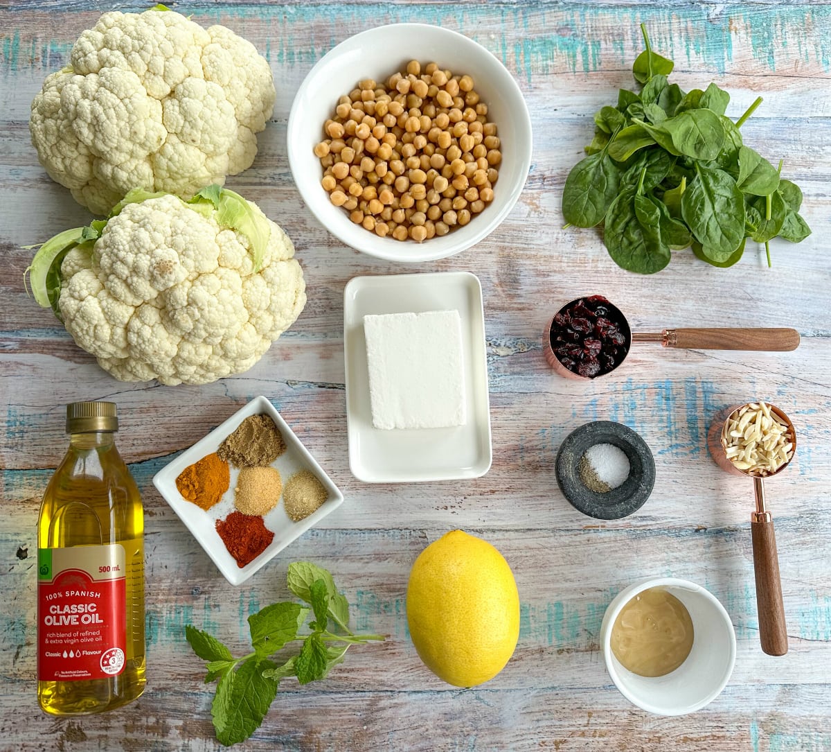 Ingredients I use to make a Roasted Cauliflower & Chickpea Salad - see recipe card for full details 