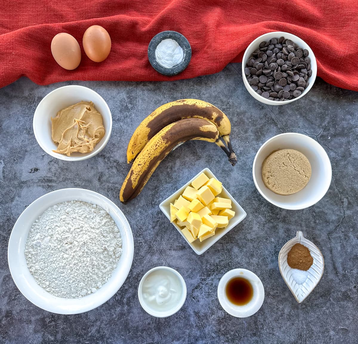 Ingredients used to make peanut butter banana chocolate chip muffins