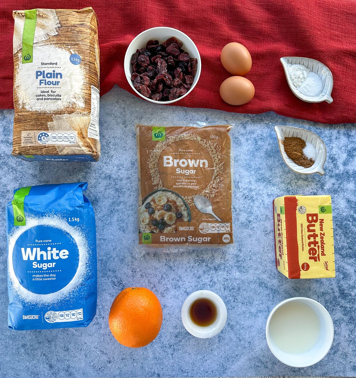Ingredients used for making Orange and Cranberry Muffins
