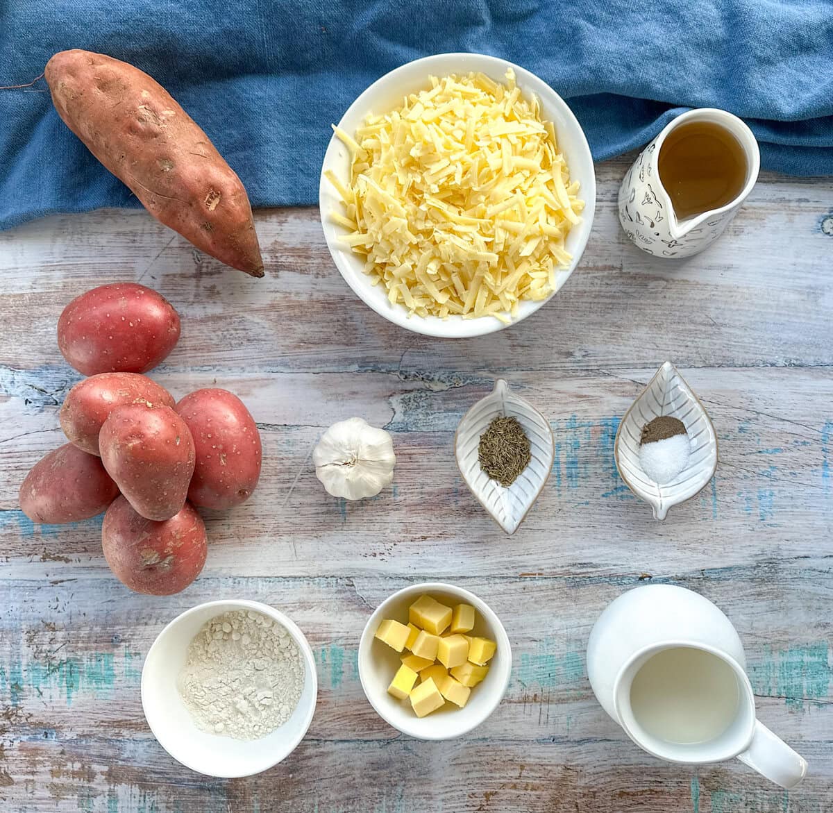 Ingredients used to make Kumara and Potato Bake, see full recipe card for details