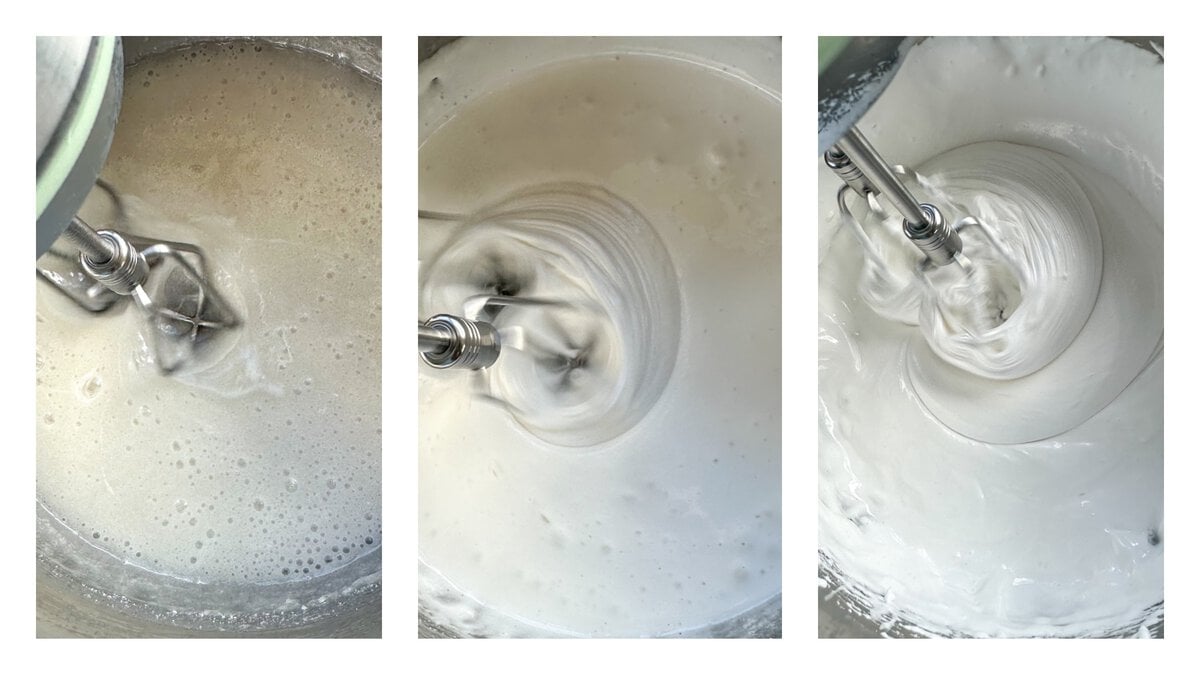 The stages of making marshmallow topping, whisk until fluffy and thick
