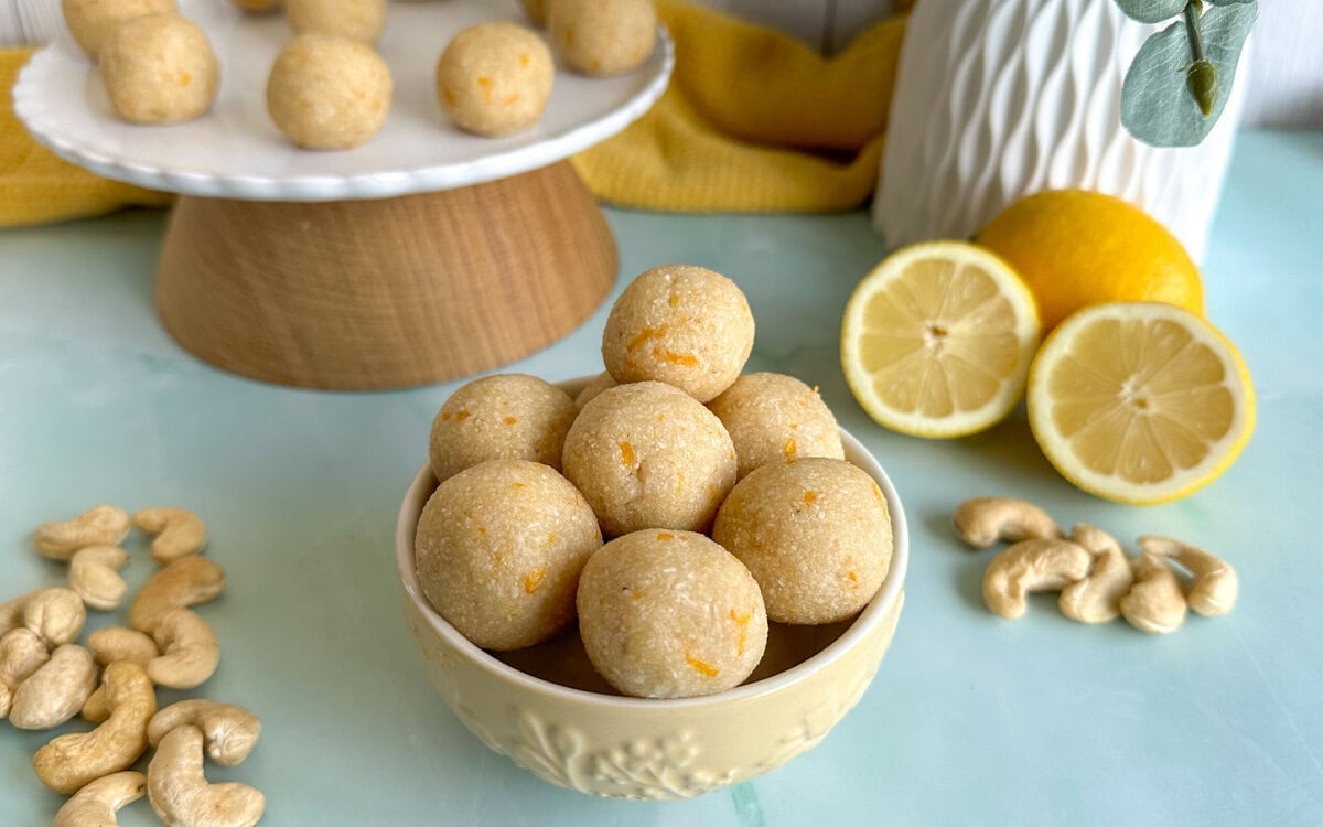 Lemon bliss balls with cashews coconut and honey, rolled into balls, a perfect snack