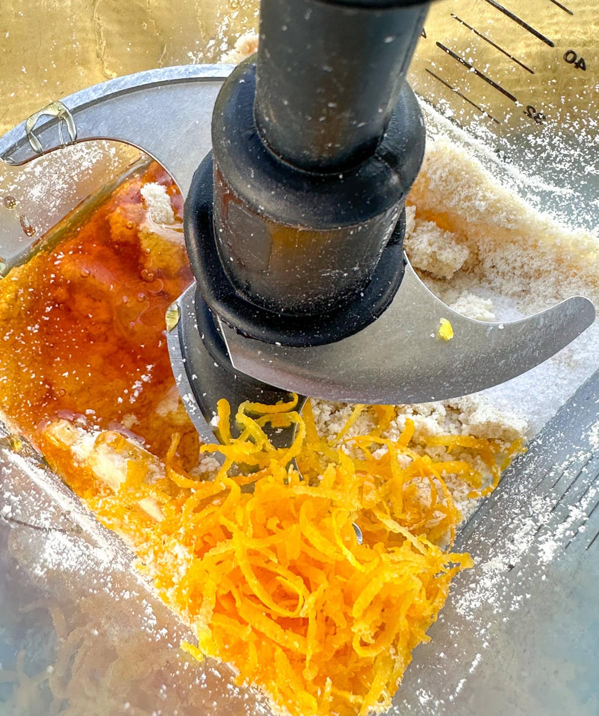 food blender with lemon zest honey cashews and coconut 