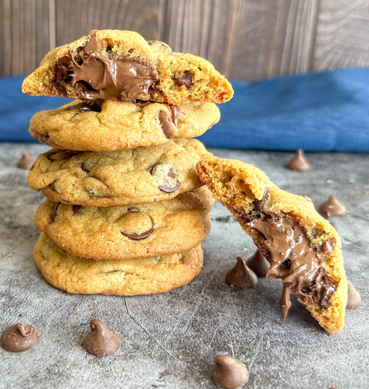 A stack of chocolate chip cookies stuffed with soft Nutella 