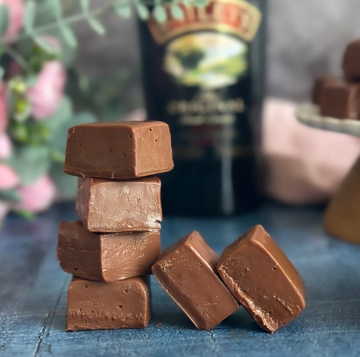 Creamy Baileys Chocolate Microwave fudge in a pile