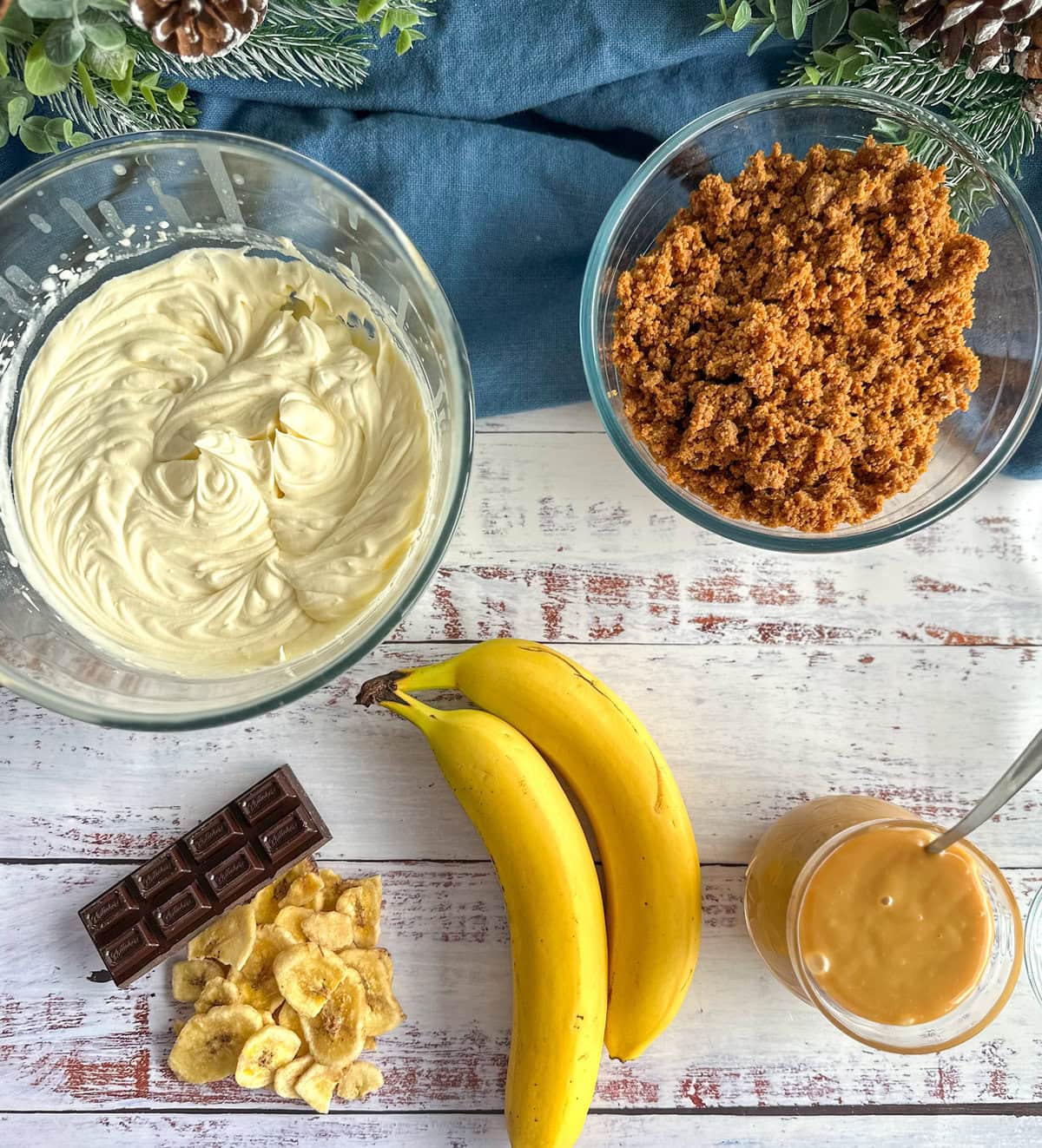 Ingredients used to make Banoffee trifles, see recipe card for full details