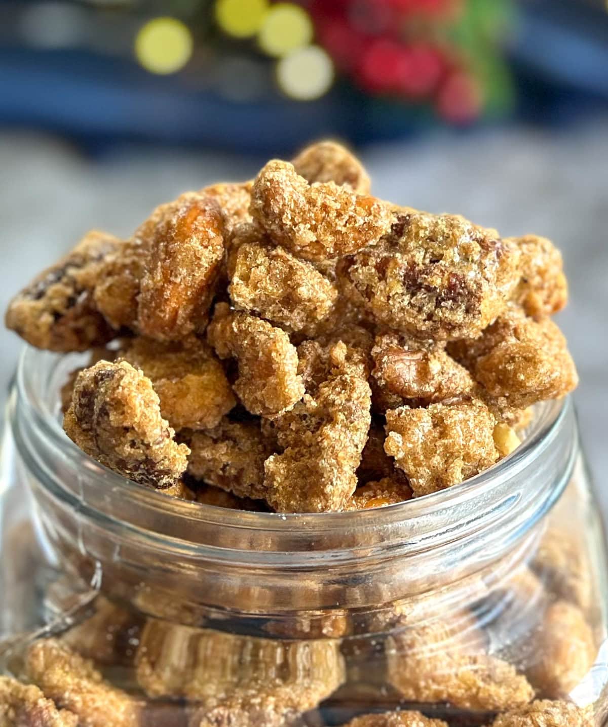 Close up of candied nuts, crunchy, sweet, coated in sugar and cinnamon