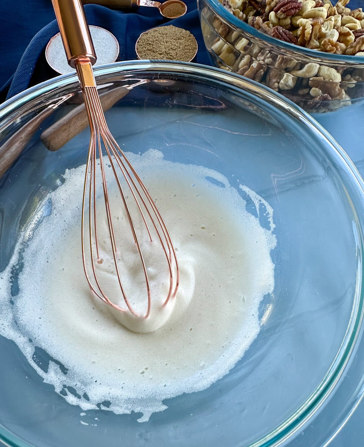 Egg white whipped with a rose gold whisk, until medium peaks have formed